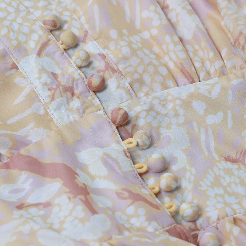 Retro Palace V-neck Single-breasted Floral Printed Party Maxi Dresses