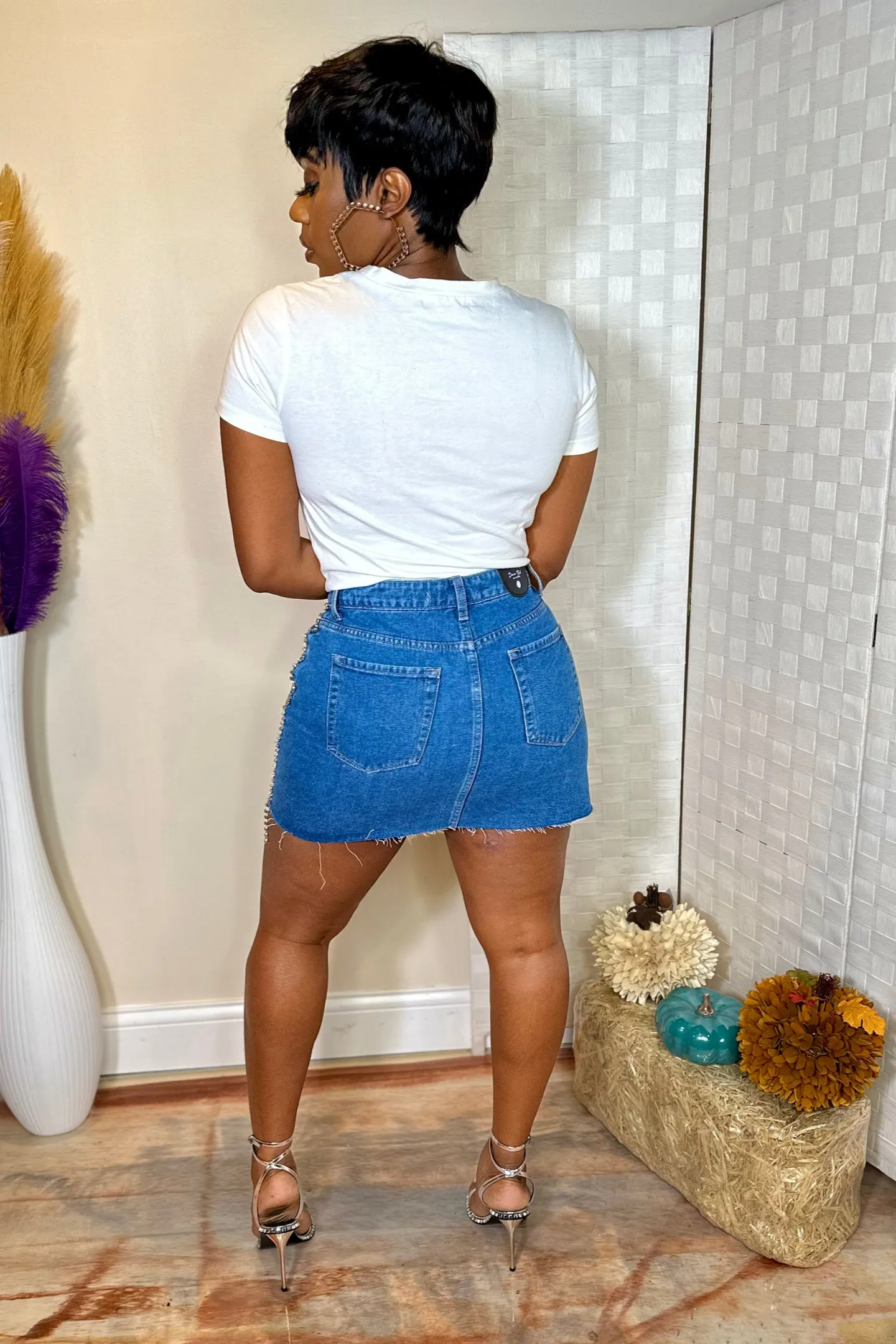 RHINESTONE SIDE DENIM SKIRT