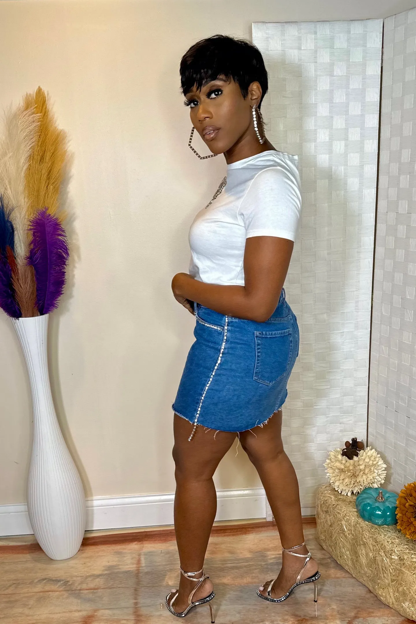 RHINESTONE SIDE DENIM SKIRT