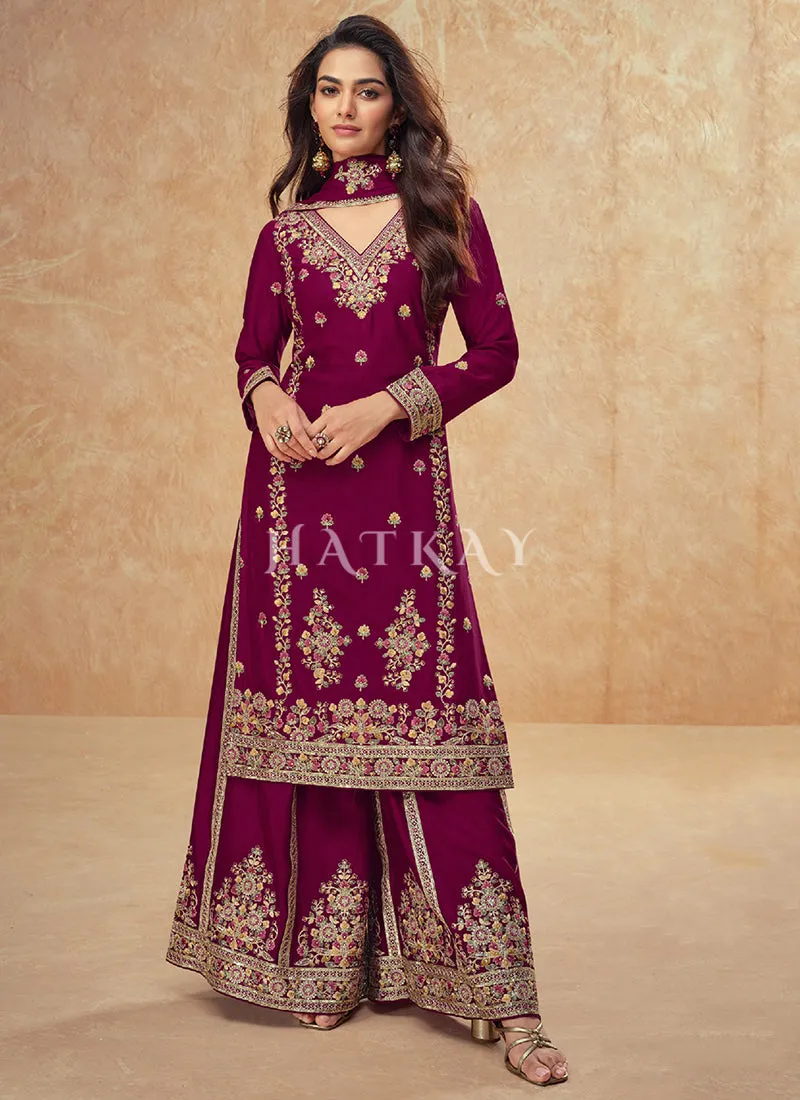 Rich Wine Multi Embroidery Palazzo Suit