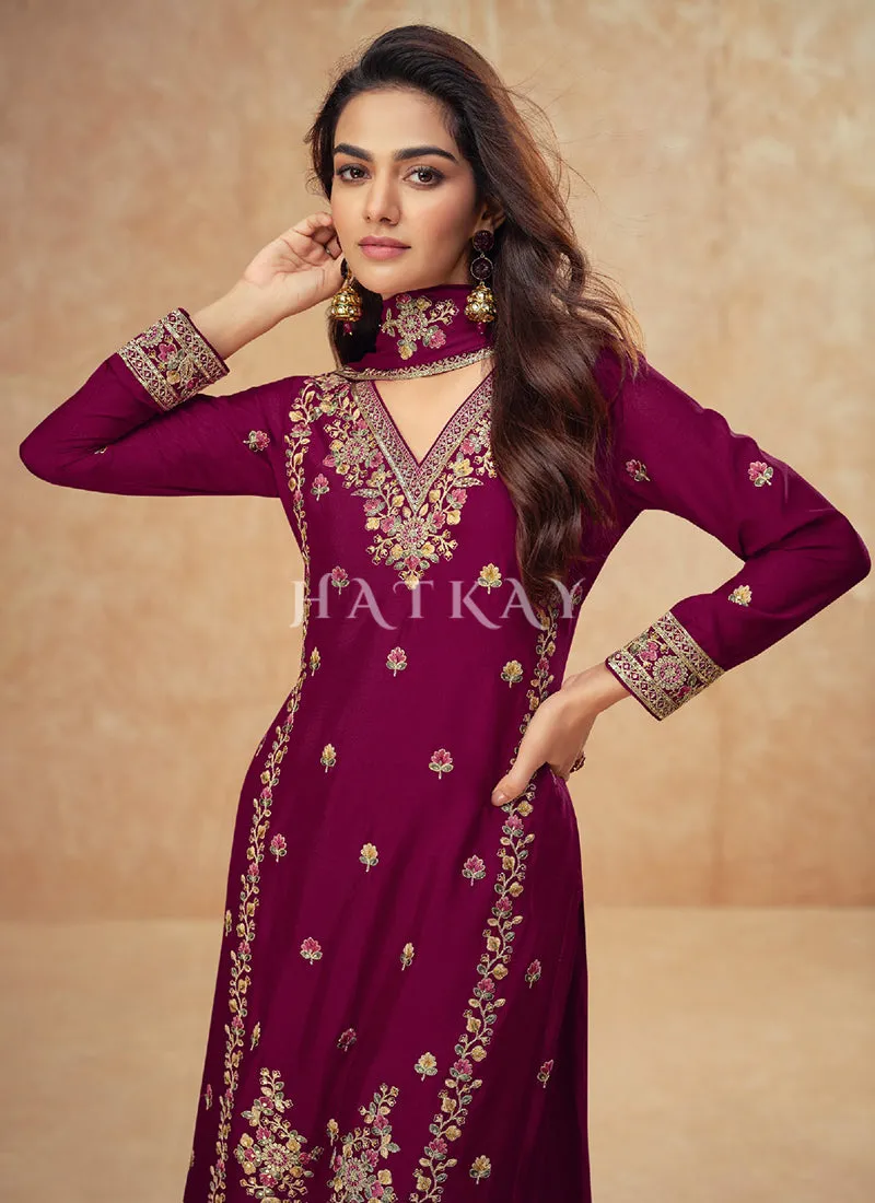 Rich Wine Multi Embroidery Palazzo Suit