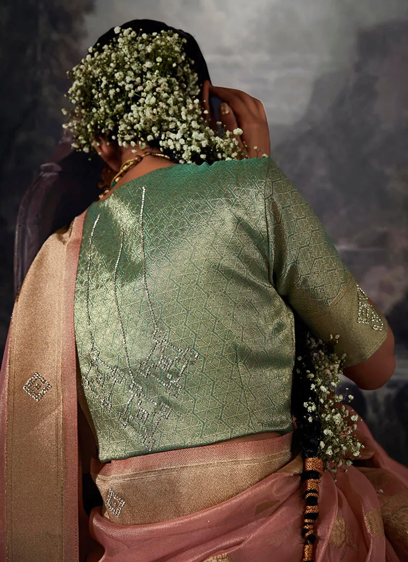 Rose Gold Crystal Stone Embellished Brocade Silk Saree