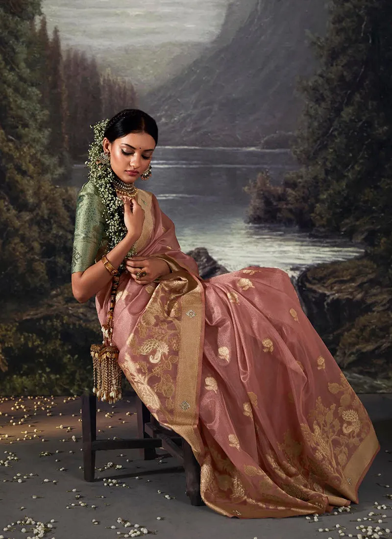 Rose Gold Crystal Stone Embellished Brocade Silk Saree