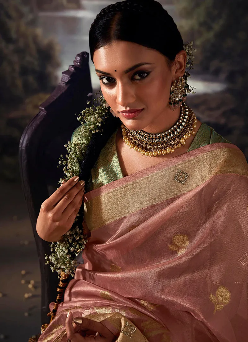 Rose Gold Crystal Stone Embellished Brocade Silk Saree
