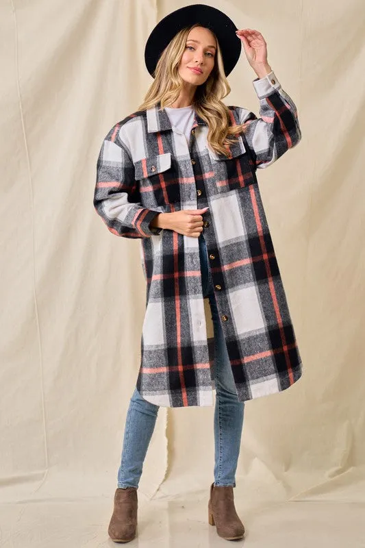 Rowan Brushed Flannel Long Shacket - Black/Chocolate