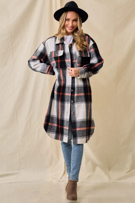 Rowan Brushed Flannel Long Shacket - Black/Chocolate