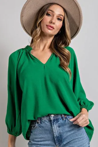 Ruffle Neckline Puff Sleeve Blouse