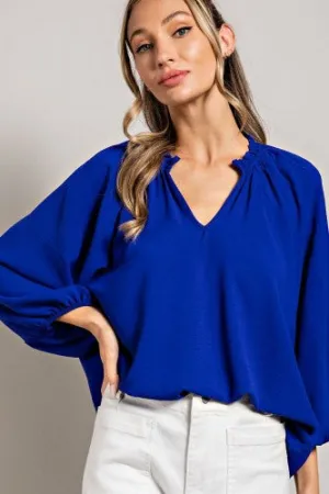 Ruffle Neckline Puff Sleeve Blouse