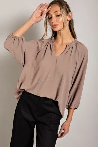 Ruffle Neckline Puff Sleeve Blouse