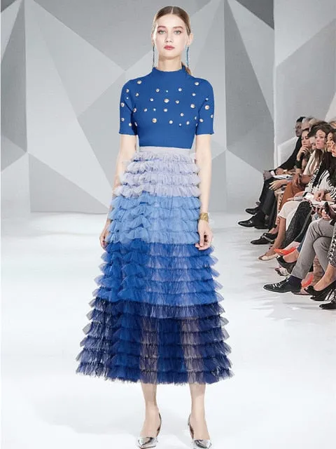 Runway Two Piece Set Women Pearls Mesh Long Skirts