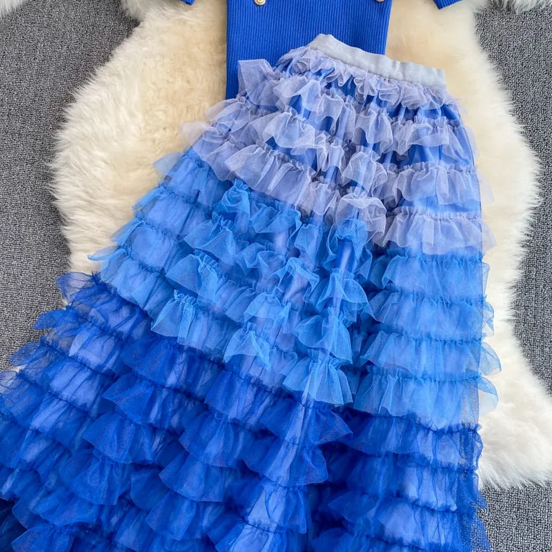 Runway Two Piece Set Women Pearls Mesh Long Skirts
