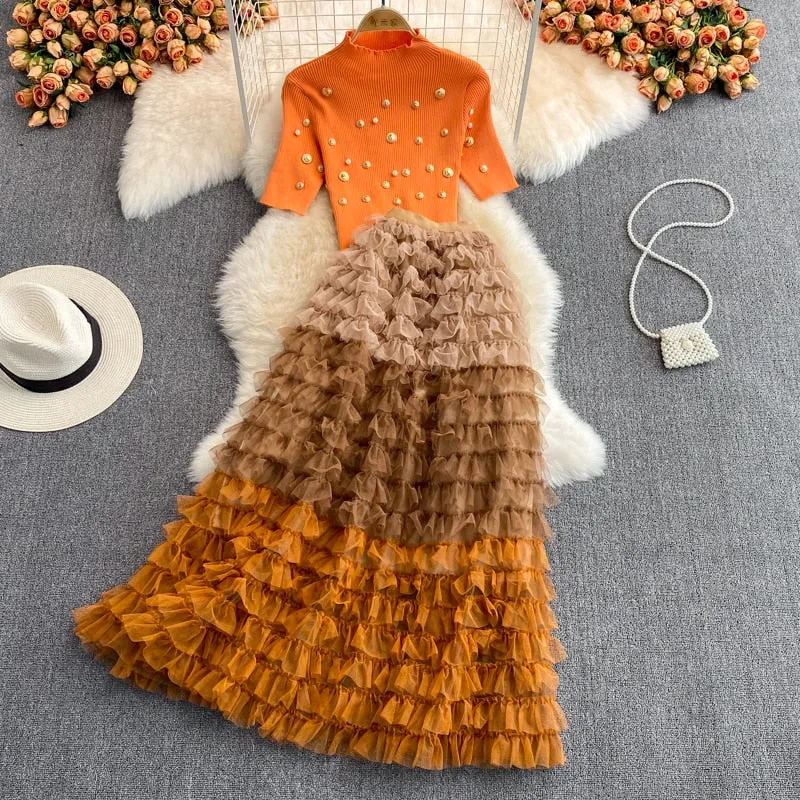Runway Two Piece Set Women Pearls Mesh Long Skirts