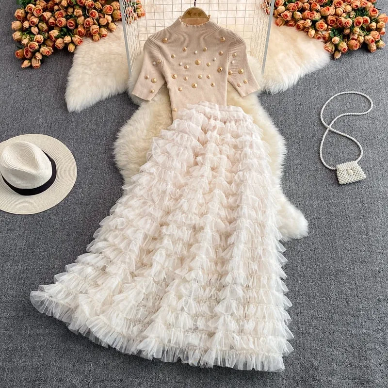 Runway Two Piece Set Women Pearls Mesh Long Skirts