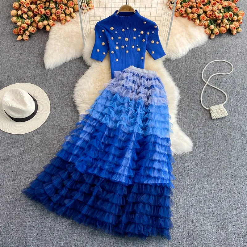Runway Two Piece Set Women Pearls Mesh Long Skirts