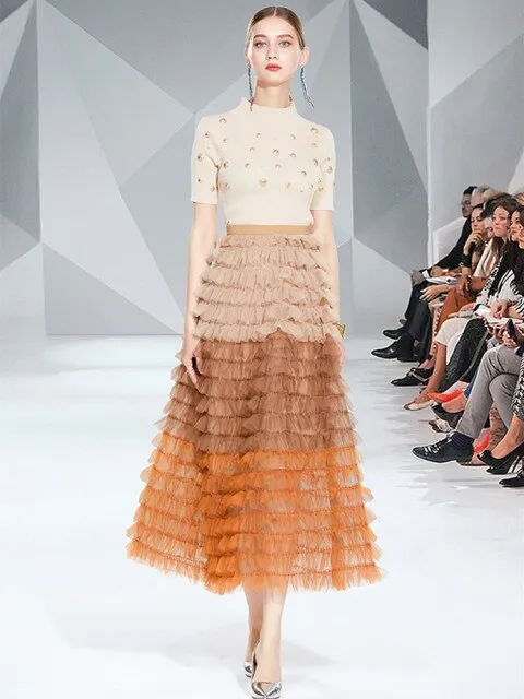 Runway Two Piece Set Women Pearls Mesh Long Skirts