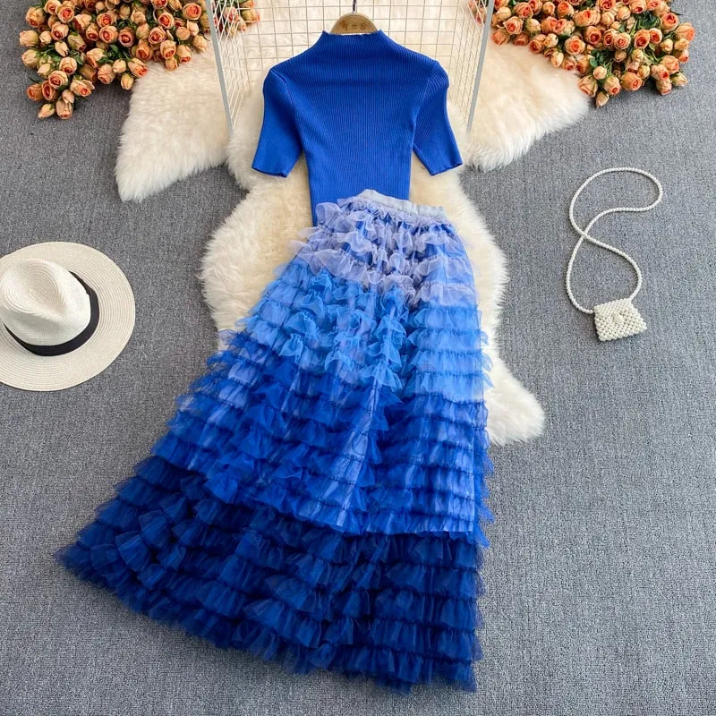 Runway Two Piece Set Women Pearls Mesh Long Skirts