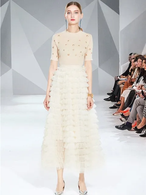 Runway Two Piece Set Women Pearls Mesh Long Skirts
