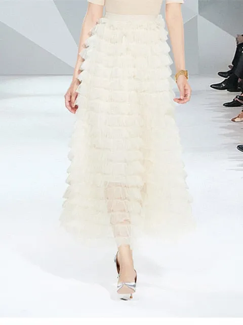 Runway Two Piece Set Women Pearls Mesh Long Skirts