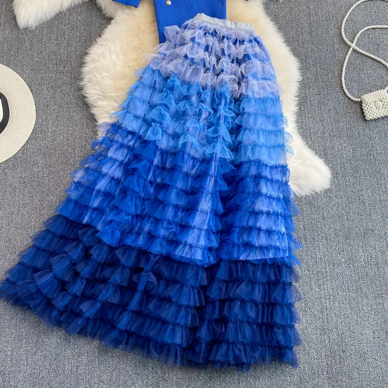 Runway Two Piece Set Women Pearls Mesh Long Skirts