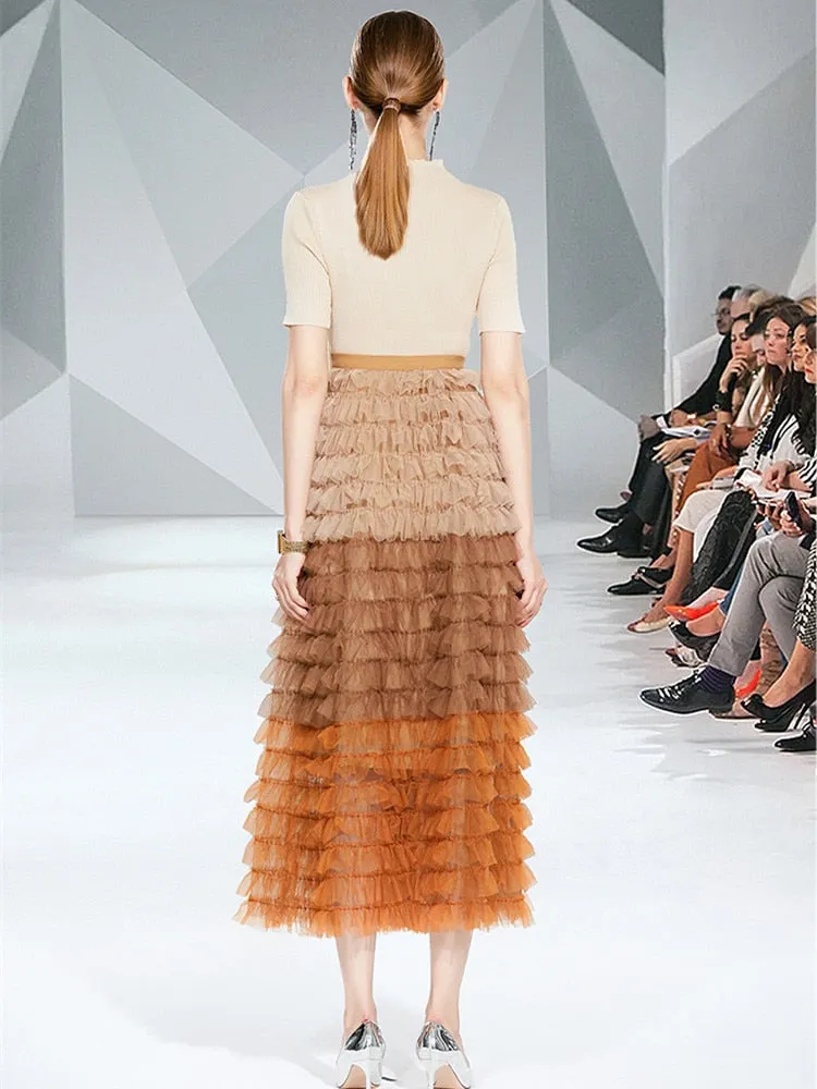 Runway Two Piece Set Women Pearls Mesh Long Skirts