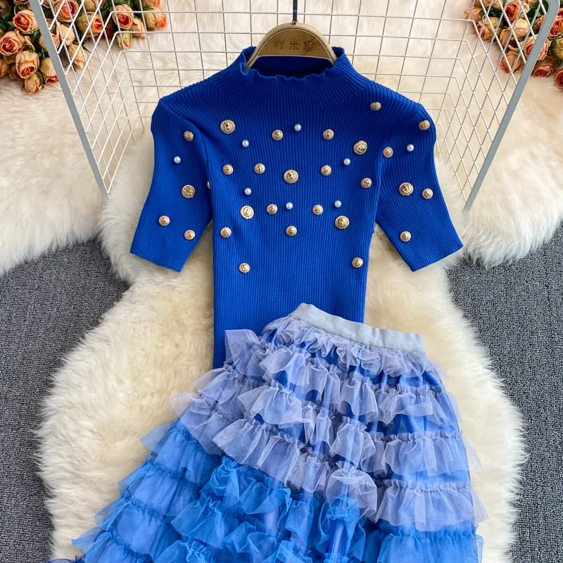 Runway Two Piece Set Women Pearls Mesh Long Skirts