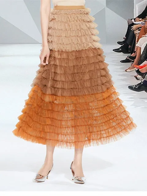 Runway Two Piece Set Women Pearls Mesh Long Skirts