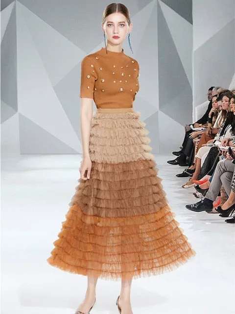 Runway Two Piece Set Women Pearls Mesh Long Skirts