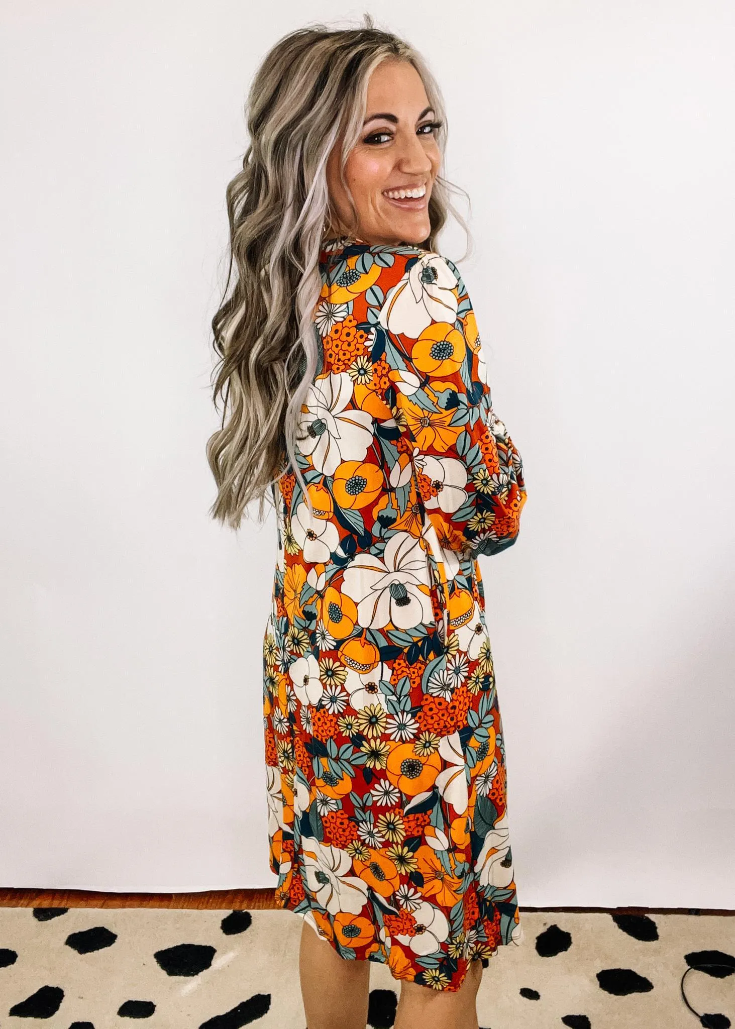 Rust and Teal Floral A Line Dress with Pockets
