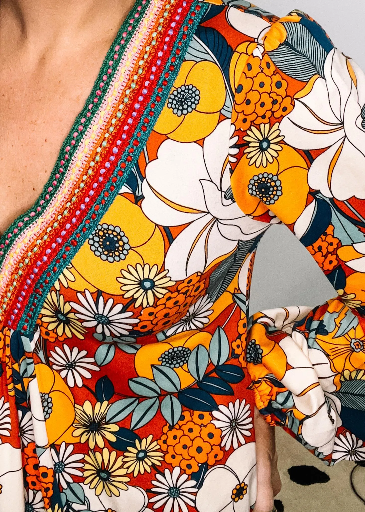 Rust and Teal Floral A Line Dress with Pockets