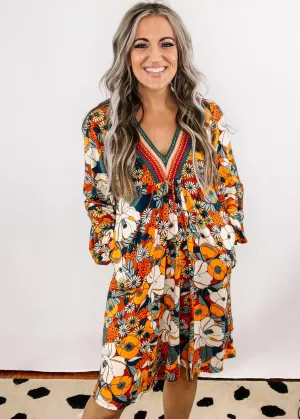Rust and Teal Floral A Line Dress with Pockets