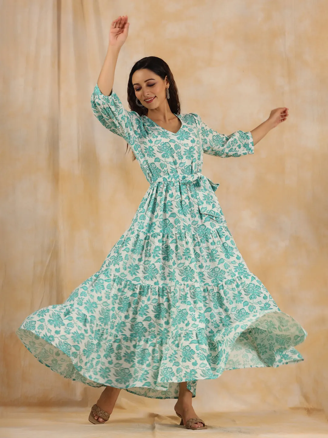 Sea Green Floral Printed Tier Cotton Dress
