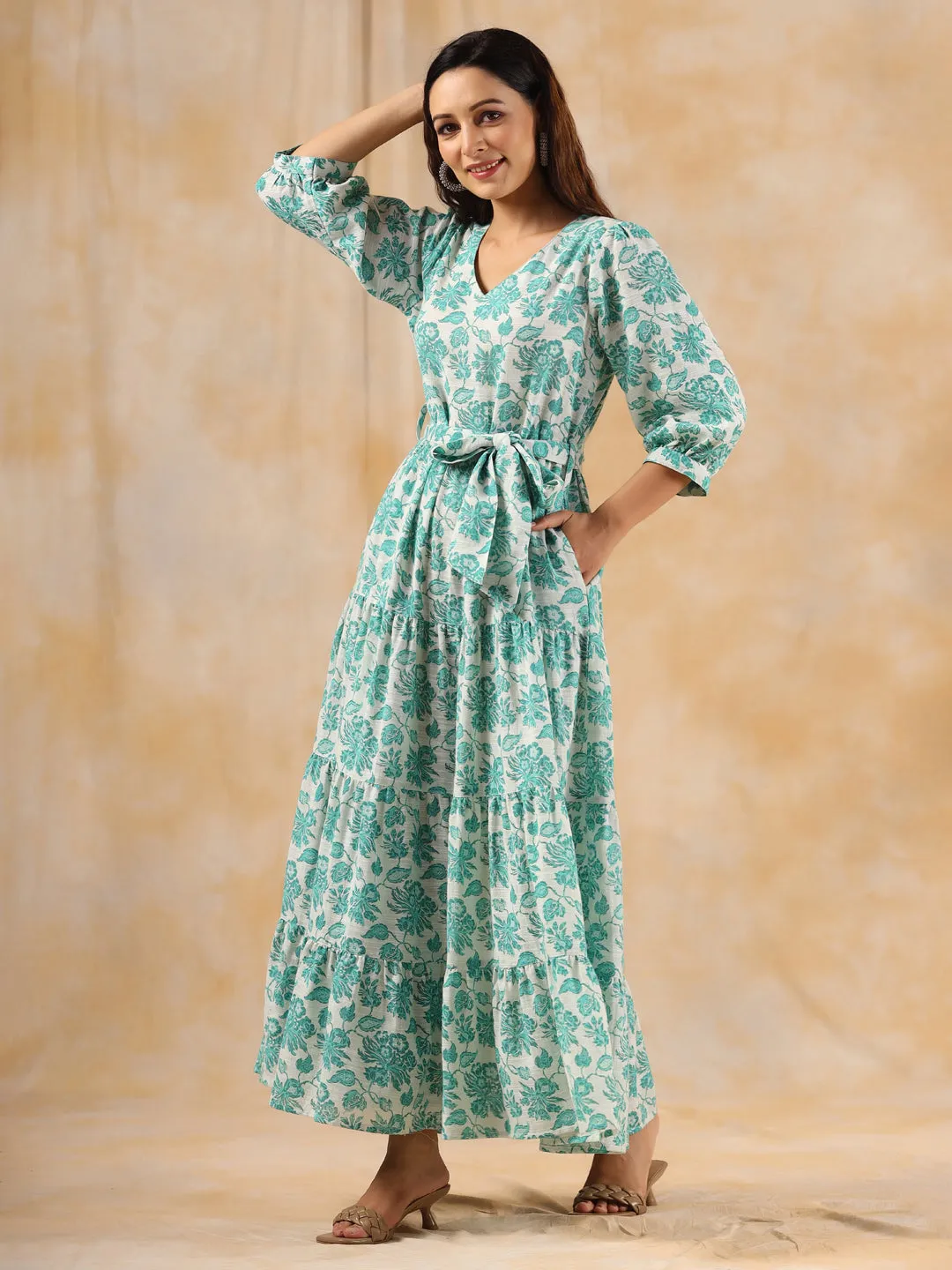 Sea Green Floral Printed Tier Cotton Dress