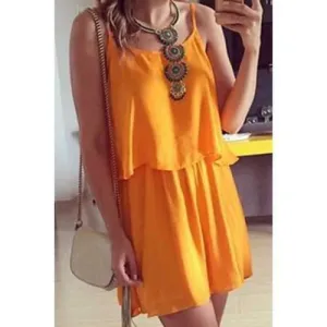 Sexy Spaghetti Strap Sleeveless Solid Color Tank Top   Elastic Waist Skirt Women's Twinset - Orange S