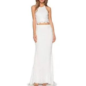 Sexy Style Jewel Neck Cross Backless Crop Top   Long Skirt For Women - White M