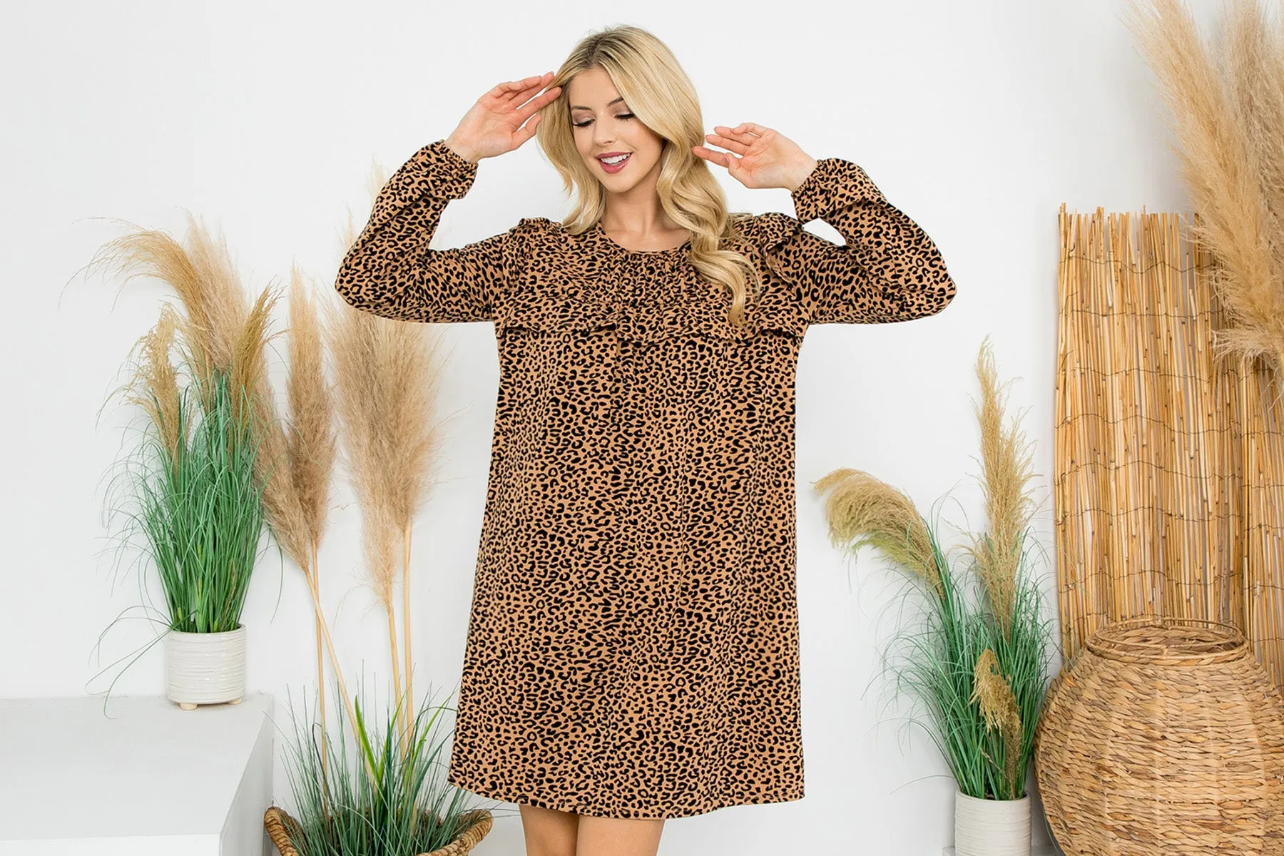 Shirring Ruffle Detail Long Sleeve Animal Printed Dress