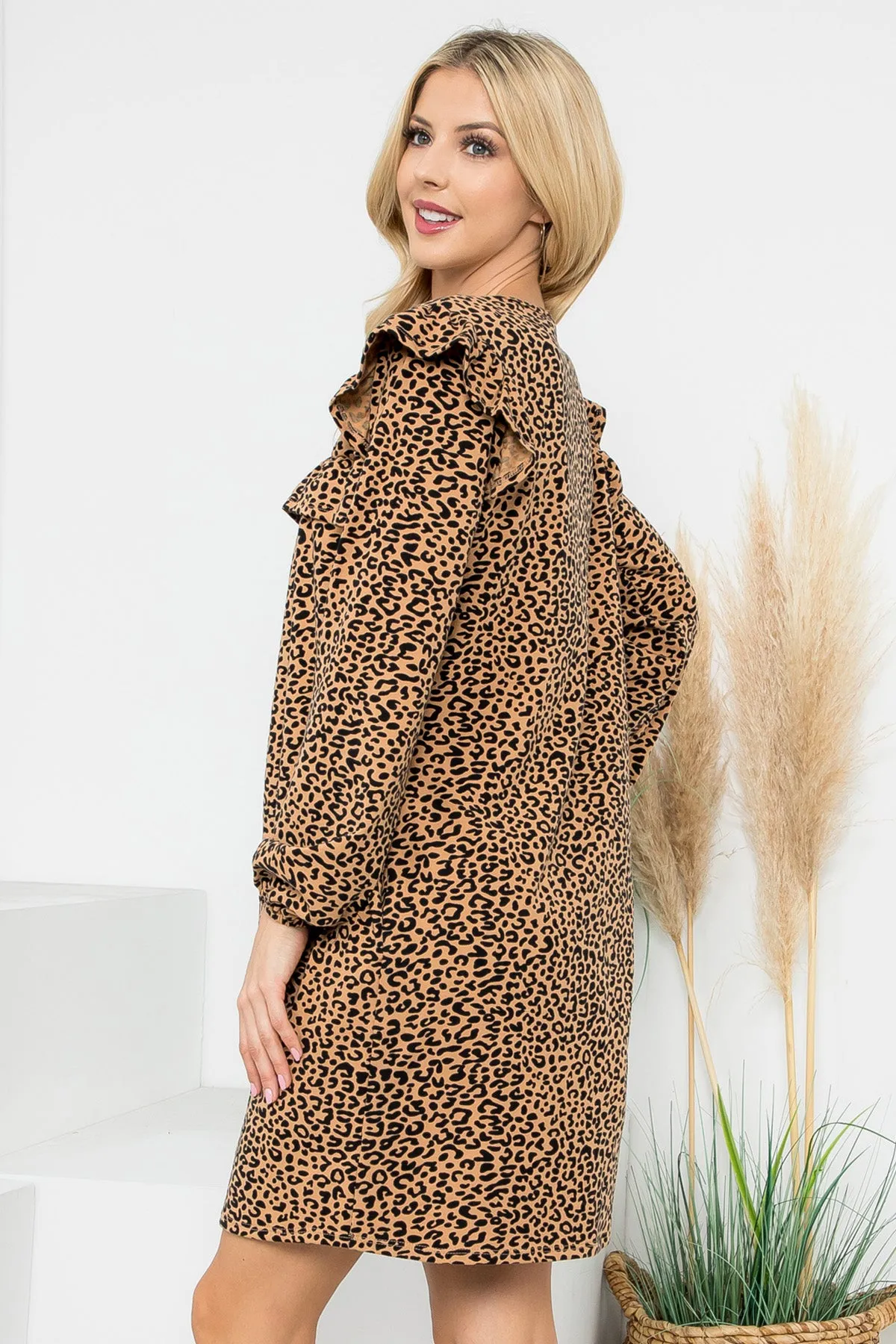 Shirring Ruffle Detail Long Sleeve Animal Printed Dress