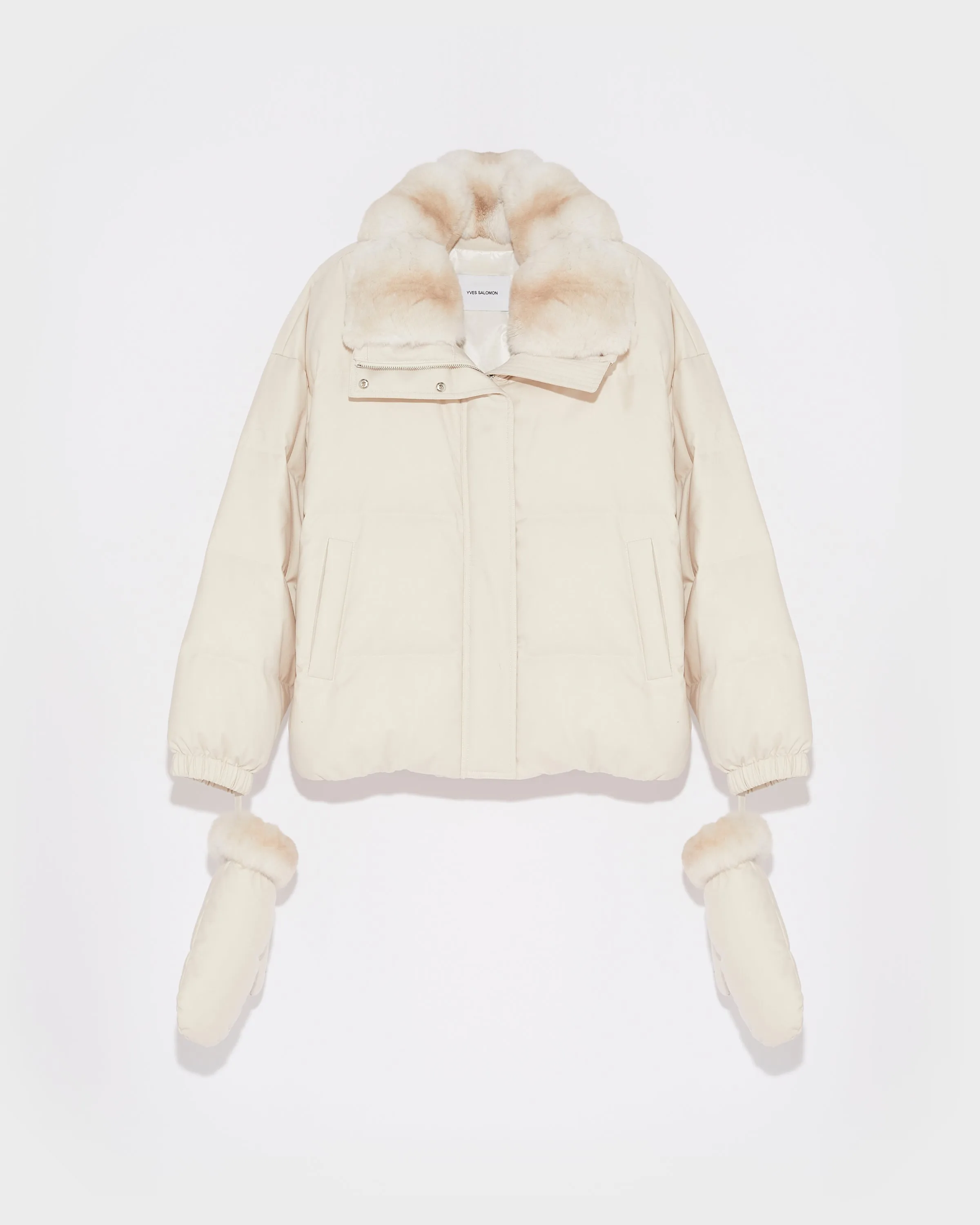 Short down jacket in waterproof flannel fabric with chinchilla fur