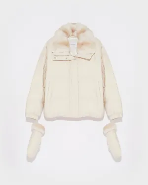 Short down jacket in waterproof flannel fabric with chinchilla fur