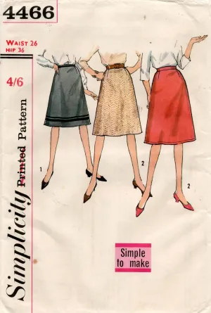 Simplicity 4466 Womens Proportioned A Line Skirts 1960s Vintage Sewing Pattern Waist 26 inches UNUSED Factory Folded