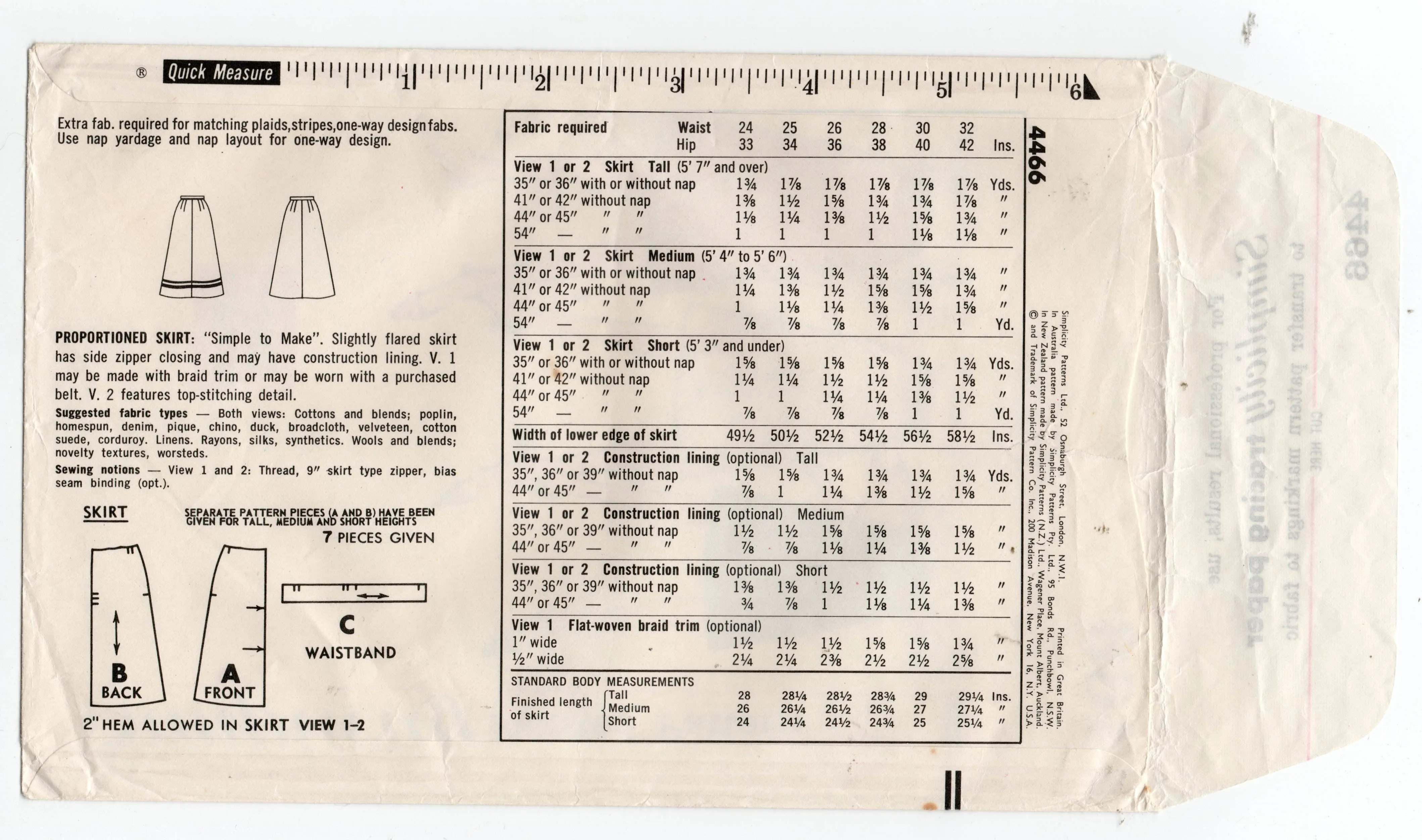 Simplicity 4466 Womens Proportioned A Line Skirts 1960s Vintage Sewing Pattern Waist 26 inches UNUSED Factory Folded