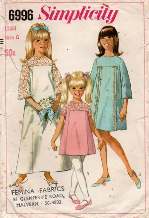 Simplicity 6996 Girls Evening Bridesmaids Flower Girl Dress 1960s Vintage Sewing Pattern Size 6