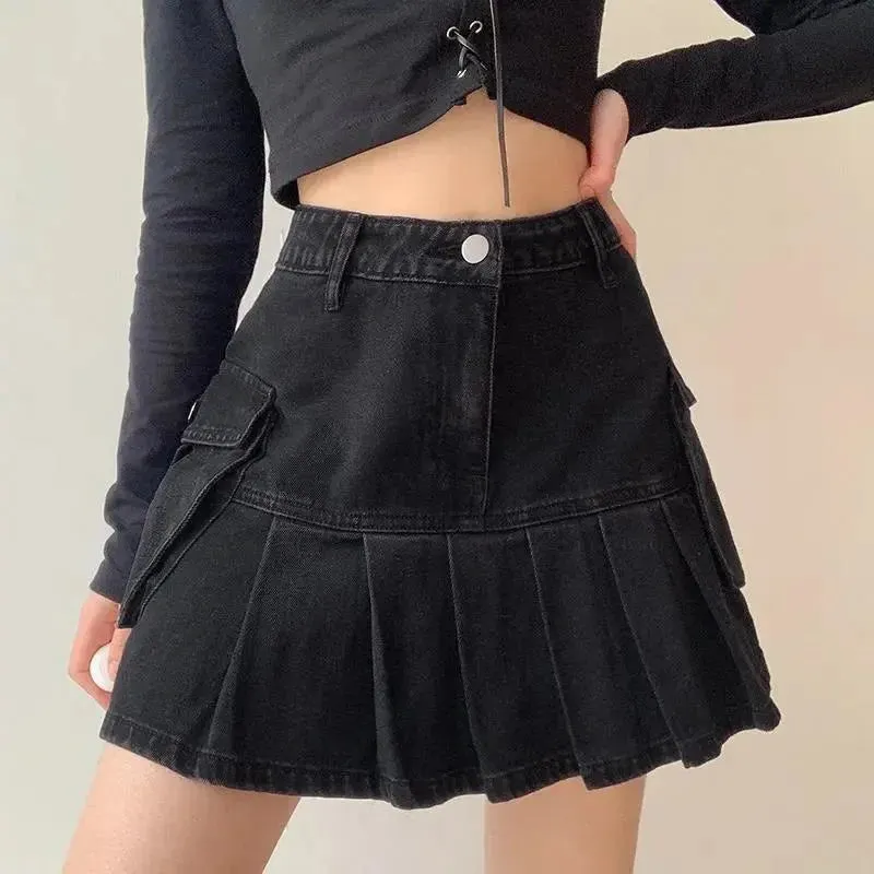 Skirt Women Folds Denim Mini Casual A-Line Vintage Fashionable Harajuku Sweet Girls