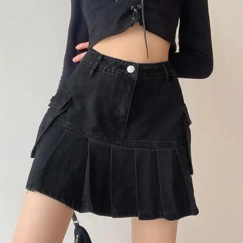 Skirt Women Folds Denim Mini Casual A-Line Vintage Fashionable Harajuku Sweet Girls