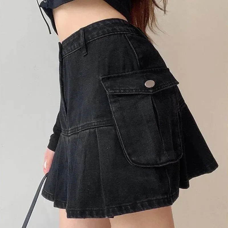 Skirt Women Folds Denim Mini Casual A-Line Vintage Fashionable Harajuku Sweet Girls