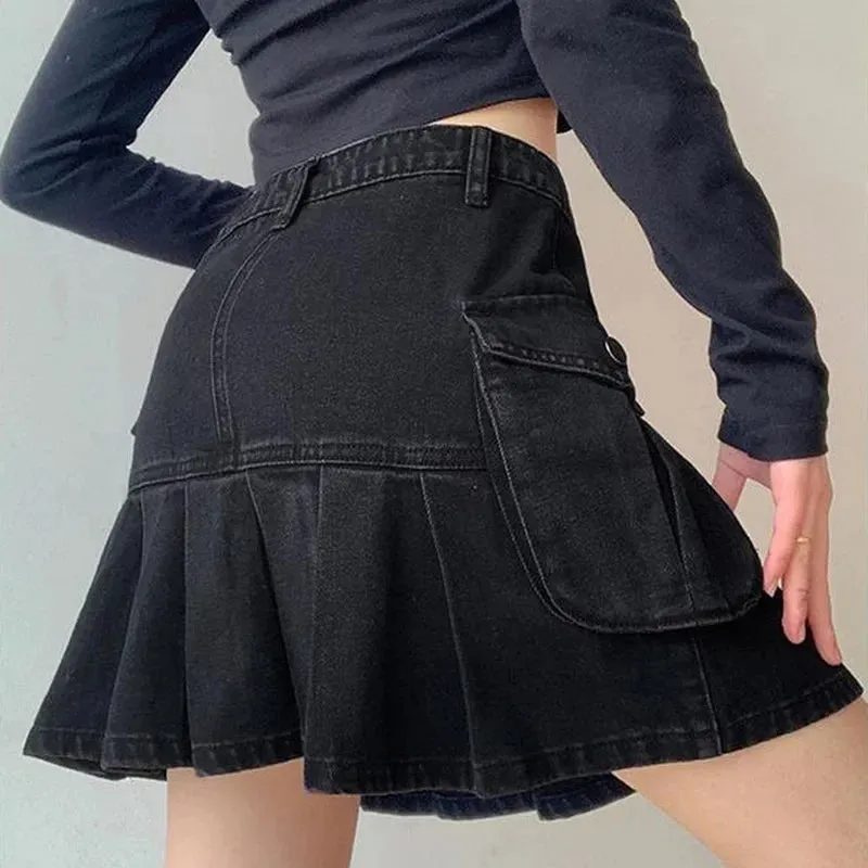 Skirt Women Folds Denim Mini Casual A-Line Vintage Fashionable Harajuku Sweet Girls