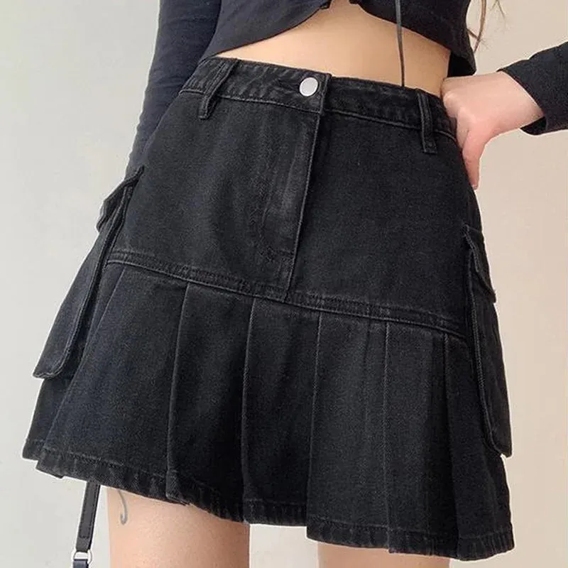 Skirt Women Folds Denim Mini Casual A-Line Vintage Fashionable Harajuku Sweet Girls