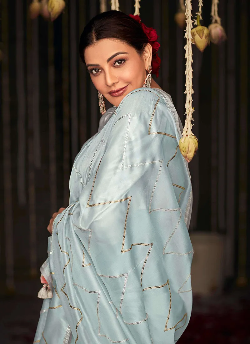 Sky Blue And Grey Embroidered Organza Silk Saree