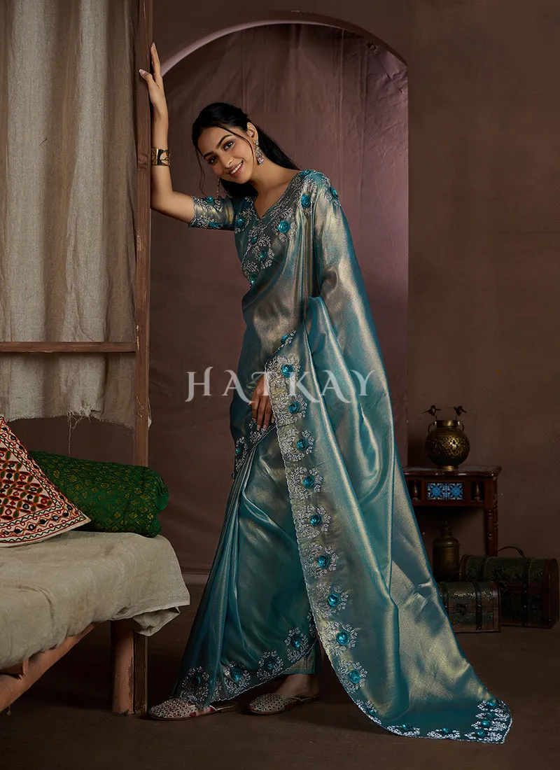 Sky Blue Handwork Silk Wedding Saree