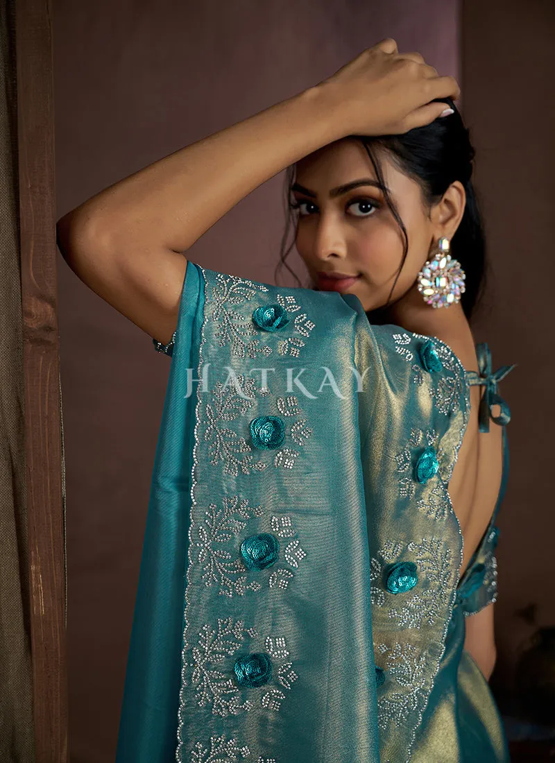 Sky Blue Handwork Silk Wedding Saree