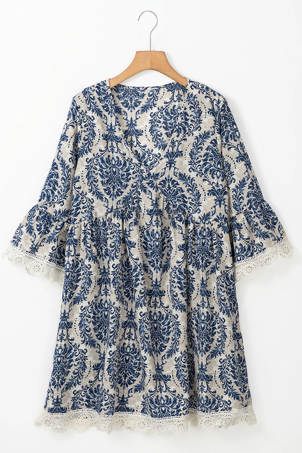 Sky Blue Vintage Printed Lace Trim V Neck 3/4 Sleeve Loose Dress